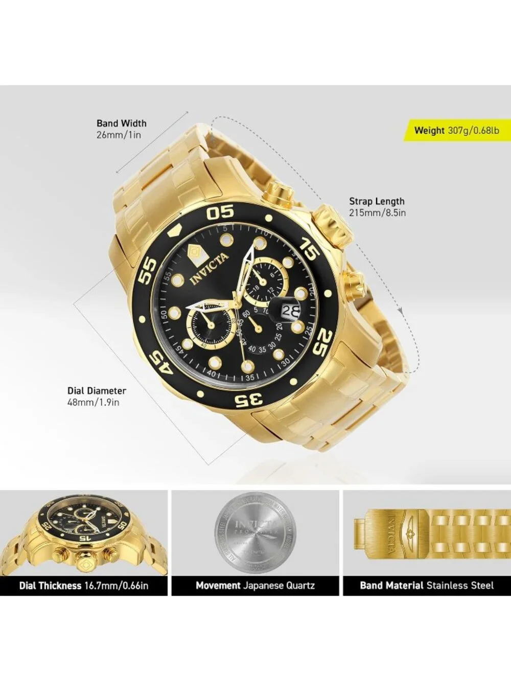 Men's Gold & Black Pro Diver Collection Chronograph Stainless Steel Case Watches